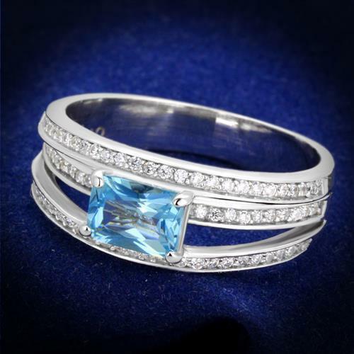 Jewellery Kingdom Ladies Blue Topaz Emerald Cut Sterling Silver Cz Pave Ring (Silver) - Jewelry Rings - British D'sire