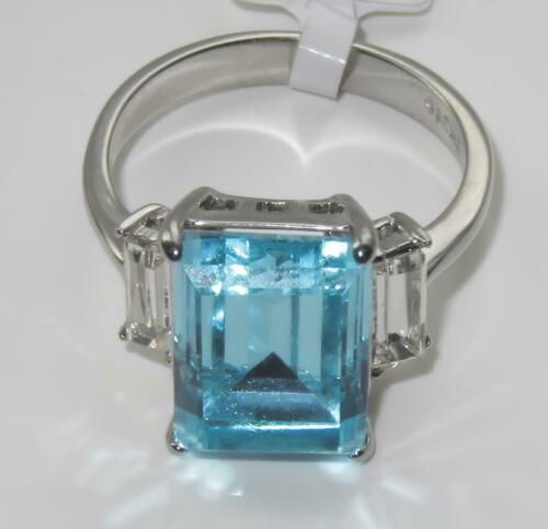 Jewellery Kingdom Ladies Blue Topaz Three Stone Emerald Radient Cut Cz Stainless Steel Ring - Jewelry Rings - British D'sire