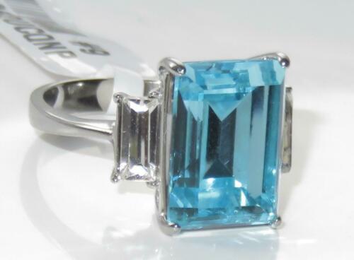 Jewellery Kingdom Ladies Blue Topaz Three Stone Emerald Radient Cut Cz Stainless Steel Ring - Jewelry Rings - British D'sire