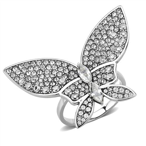 Jewellery Kingdom Ladies Butterfly Pave Cocktail Big Statement Stainless Steel Ring (Silver) - Jewelry Rings - British D'sire