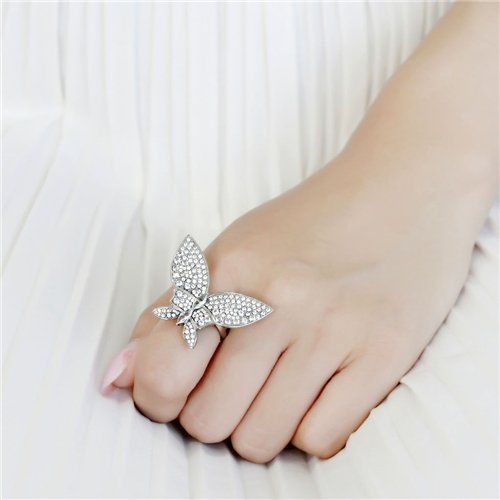 Jewellery Kingdom Ladies Butterfly Pave Cocktail Big Statement Stainless Steel Ring (Silver) - Jewelry Rings - British D'sire