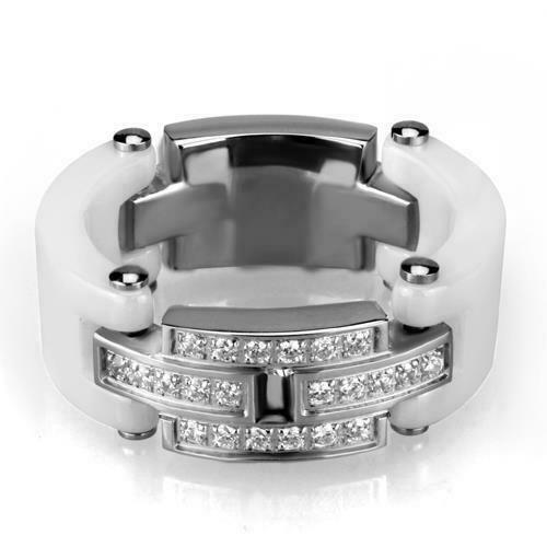 Jewellery Kingdom Ladies Ceramic Ring Band White Stainless Steel Cz Movable Screw 9mm Ring - Jewelry Rings - British D'sire