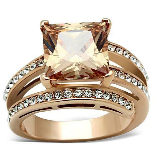 Jewellery Kingdom Ladies Champagne Princess Square Cut Steel Dress Ring (Rose Gold & Brown) - Jewelry Rings - British D'sire