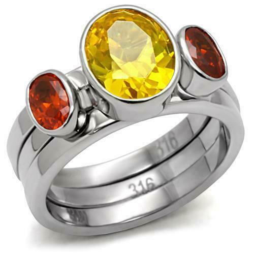 Jewellery Kingdom Ladies Citrine Yellow Cz Garnet Orange Stacking Stainless Steel Ring Set - Jewelry Rings - British D'sire