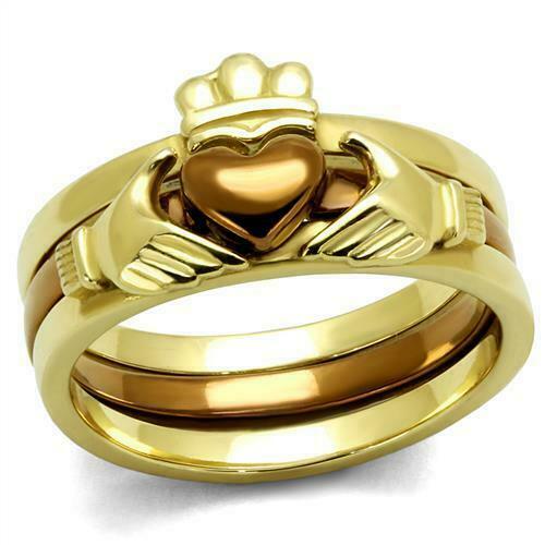 Jewellery Kingdom Ladies Claddagh Wedding Engagement Band Set Stainless Steel Ring (Gold) - Engagement Rings - British D'sire