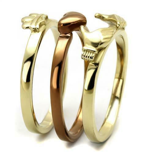 Jewellery Kingdom Ladies Claddagh Wedding Engagement Band Set Stainless Steel Ring (Gold) - Engagement Rings - British D'sire