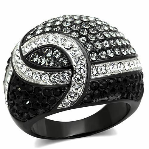 Jewellery Kingdom Ladies Cocktail Dome Stainless Steel Cubic Zirconia Black Ring - Jewelry Rings - British D'sire