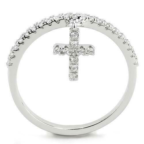 Jewellery Kingdom Ladies Cross Charm Dangle Band Rhodium Ring (Silver) - Rings - British D'sire