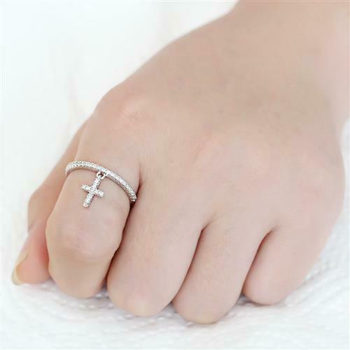 Jewellery Kingdom Ladies Cross Charm Dangle Band Rhodium Ring (Silver) - Rings - British D'sire