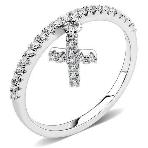 Jewellery Kingdom Ladies Cross Charm Dangle Band Rhodium Ring (Silver) - Rings - British D'sire