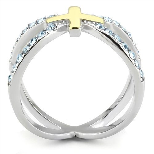 Jewellery Kingdom Ladies Cross Cz Blue Topaz Stainless Steel Cross Over Ring (Gold) - Jewelry Rings - British D'sire