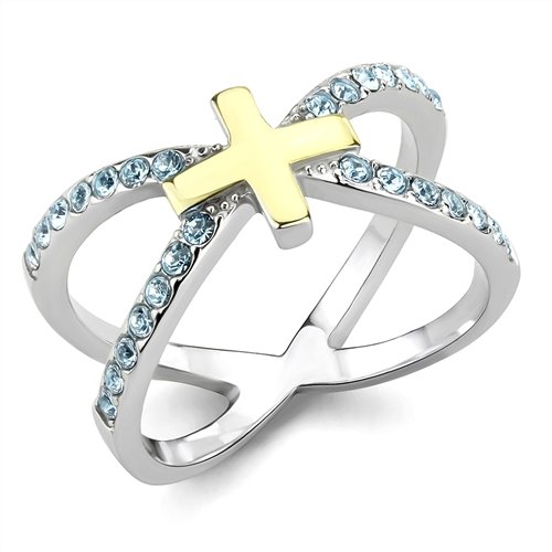 Jewellery Kingdom Ladies Cross Cz Blue Topaz Stainless Steel Cross Over Ring (Gold) - Jewelry Rings - British D'sire