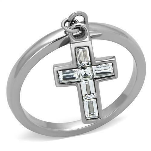 Jewellery Kingdom Ladies Cross Emerald Cut Stainless Steel Charm Dangle Ring (Silver) - Jewelry Rings - British D'sire