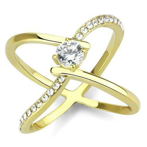 Jewellery Kingdom Ladies Cross Over Solitaire Accents 1.20 carat 18kt Steel Ring (Gold) - Jewelry Rings - British D'sire