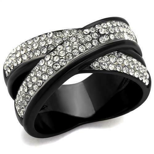 Jewellery Kingdom Ladies Crossover Band 12mm Stainless Steel Cubic Zirconia Ring (Black) - Jewelry Rings - British D'sire