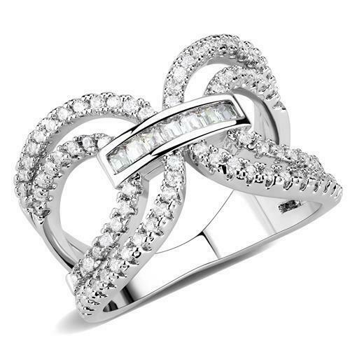 Jewellery Kingdom Ladies Crossover Princess Pave Band Rhodium Cubic Zirconia Ring (Silver) - Jewelry Rings - British D'sire