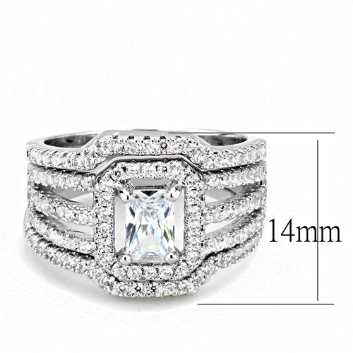 Jewellery Kingdom Ladies Cubic Zirconia Emerald Cut Engagement Wedding Band 3pcs Rhodium Ring Set (Silver) - Jewelry Rings - British D'sire