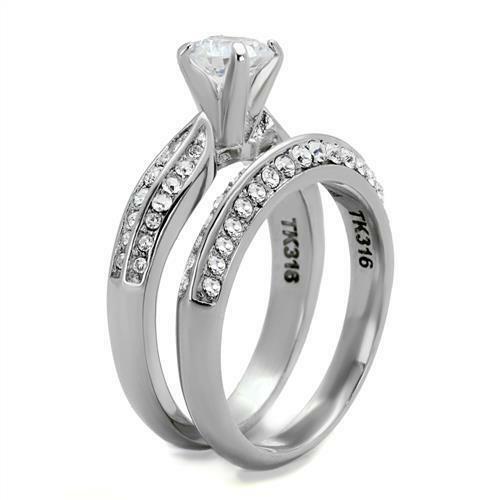 Jewellery Kingdom Ladies Cz 2 Carat Stainless Steel Wedding Bridal Ring Set (Silver) - Jewelry Rings - British D'sire