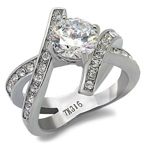 Jewellery Kingdom Ladies Cz 3 Carat Solitaire Cross Over Stainless Steel Ring (Silver) - Jewelry Rings - British D'sire