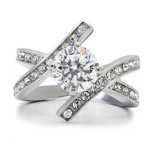 Jewellery Kingdom Ladies Cz 3 Carat Solitaire Cross Over Stainless Steel Ring (Silver) - Jewelry Rings - British D'sire