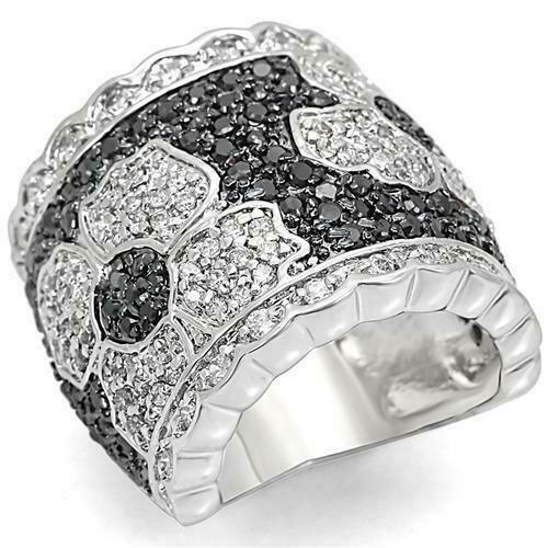 Jewellery Kingdom Ladies Cz Band Wide Comfort Black Flower Rhodium + Ruthenium Ring (Silver) - Jewelry Rings - British D'sire