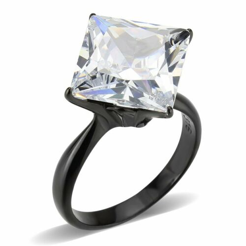 Jewellery Kingdom Ladies Cz Black Solitaire Princess Stainless Steel 4 Carat Raised Ring - Jewelry Rings - British D'sire