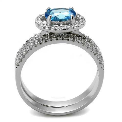 Jewellery Kingdom Ladies cz Engagement Wedding Band, Sterling Silver Blue Topaz Ring Set (Silver & Blue) - Engagement Rings - British D'sire