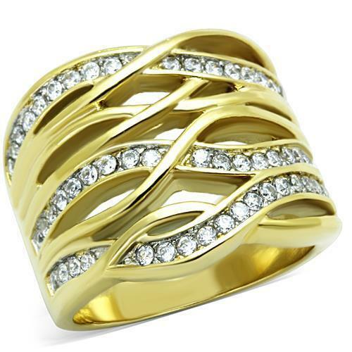 Jewellery Kingdom Ladies Cz Pave Wide 18kt Steel Band Clear Cubic Zirconia All Size Ring (Gold) - Jewelry Rings - British D'sire