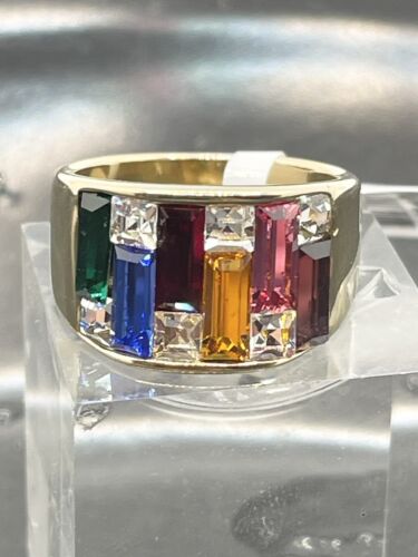 Jewellery Kingdom Ladies Cz Sparkling 12mm Wide Band 18kt Steel Gold Ring (Multi Coloured) - Jewelry Rings - British D'sire