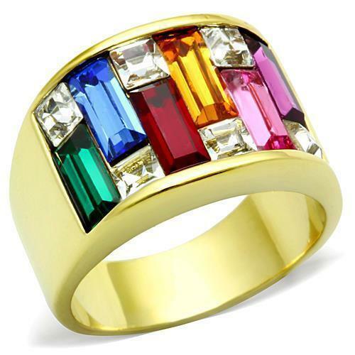 Jewellery Kingdom Ladies Cz Sparkling 12mm Wide Band 18kt Steel Gold Ring (Multi Coloured) - Jewelry Rings - British D'sire