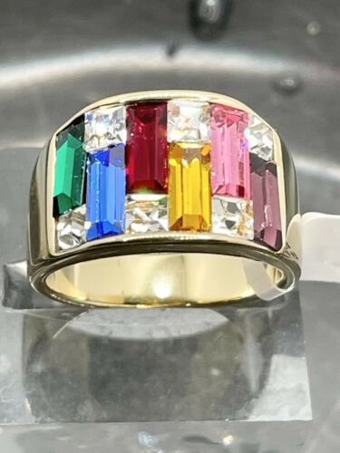 Jewellery Kingdom Ladies Cz Sparkling 12mm Wide Band 18kt Steel Gold Ring (Multi Coloured) - Jewelry Rings - British D'sire