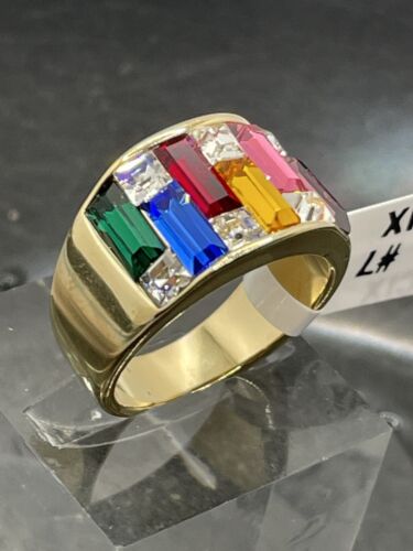 Jewellery Kingdom Ladies Cz Sparkling 12mm Wide Band 18kt Steel Gold Ring (Multi Coloured) - Jewelry Rings - British D'sire