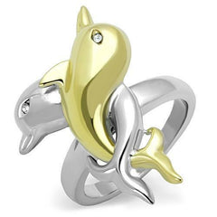 Jewellery Kingdom Ladies Dolphin Gold Stainless Steel Two Tone Cz No Tarnish Double Fish Ring - Jewelry Rings - British D'sire