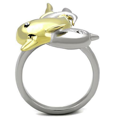 Jewellery Kingdom Ladies Dolphin Gold Stainless Steel Two Tone Cz No Tarnish Double Fish Ring - Jewelry Rings - British D'sire