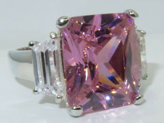 Jewellery Kingdom Ladies Emerald Cut Sterling Silver CZ 3 Stone Stamped Sapphire Ring (Pink) - Jewelry Rings - British D'sire