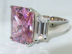 Jewellery Kingdom Ladies Emerald Cut Sterling Silver CZ 3 Stone Stamped Sapphire Ring (Pink) - Jewelry Rings - British D'sire