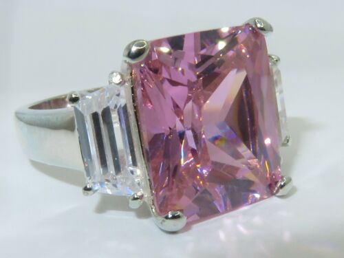 Jewellery Kingdom Ladies Emerald Cut Sterling Silver CZ 3 Stone Stamped Sapphire Ring (Pink) - Jewelry Rings - British D'sire