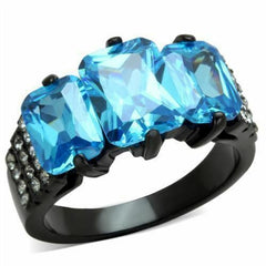 Jewellery Kingdom Ladies Emerald Cut Three Stone Cz 15 Carat Steel Ring Black (Blue Topaz) - Jewelry Rings - British D'sire