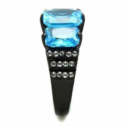 Jewellery Kingdom Ladies Emerald Cut Three Stone Cz 15 Carat Steel Ring Black (Blue Topaz) - Jewelry Rings - British D'sire