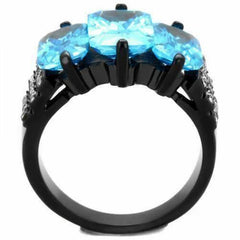 Jewellery Kingdom Ladies Emerald Cut Three Stone Cz 15 Carat Steel Ring Black (Blue Topaz) - Jewelry Rings - British D'sire