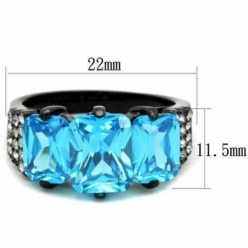 Jewellery Kingdom Ladies Emerald Cut Three Stone Cz 15 Carat Steel Ring Black (Blue Topaz) - Jewelry Rings - British D'sire