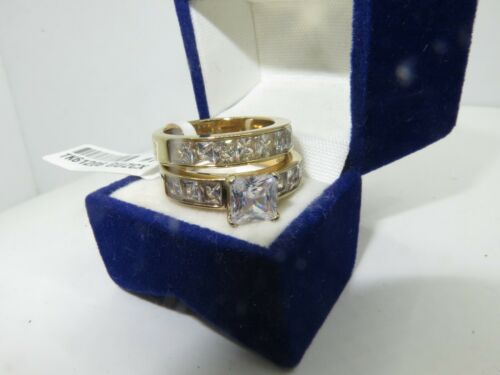 Jewellery Kingdom Ladies Engagement Band Princess Square Wedding 18kt Cz Ring Set (Gold) - Jewelry Rings - British D'sire