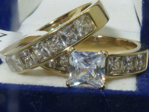 Jewellery Kingdom Ladies Engagement Band Princess Square Wedding 18kt Cz Ring Set (Gold) - Jewelry Rings - British D'sire