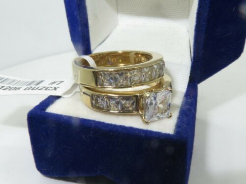 Jewellery Kingdom Ladies Engagement Band Princess Square Wedding 18kt Cz Ring Set (Gold) - Jewelry Rings - British D'sire