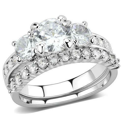 Jewellery Kingdom Ladies Engagement Wedding Band Rhodium Silver Three Stone Ring Set - Jewelry Rings - British D'sire