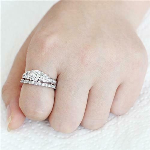 Jewellery Kingdom Ladies Engagement Wedding Band Rhodium Silver Three Stone Ring Set - Jewelry Rings - British D'sire