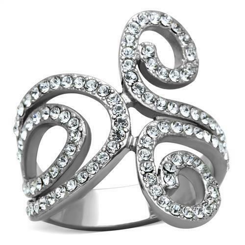 Jewellery Kingdom Ladies Flat Swirl Cubic Zirconia Stainless Steel Pave Ring (Silver) - Jewelry Rings - British D'sire