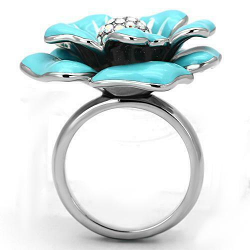 Jewellery Kingdom Ladies Flower Cocktail Rainbow Enamel White Stainless Steel Ring (Blue) - Jewelry Rings - British D'sire