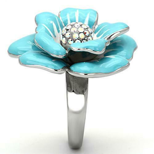 Jewellery Kingdom Ladies Flower Cocktail Rainbow Enamel White Stainless Steel Ring (Blue) - Jewelry Rings - British D'sire