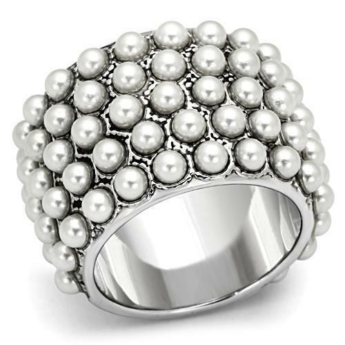 Jewellery Kingdom Ladies Full Eternity Wide Pearl Cocktail Band 15mm Ring (Silver) - Rings - British D'sire